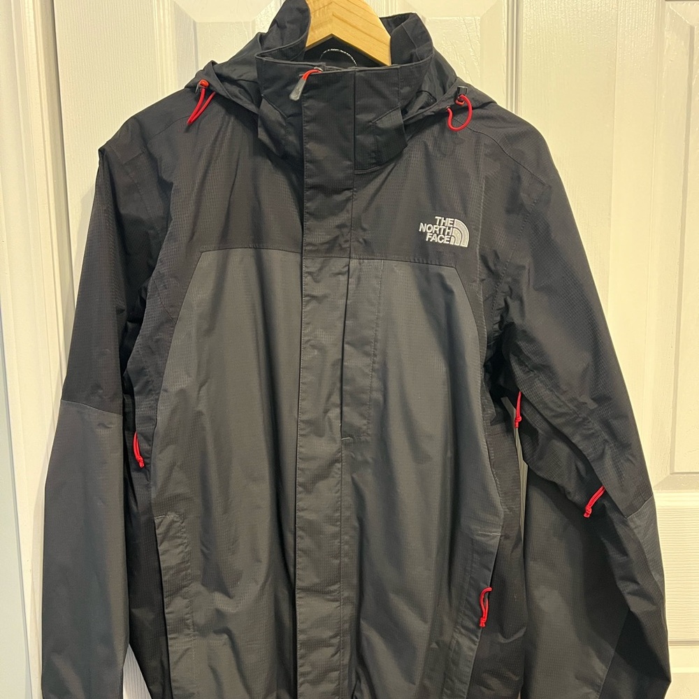 The North Face Men's Dark Gray Raincoat with Red Accents